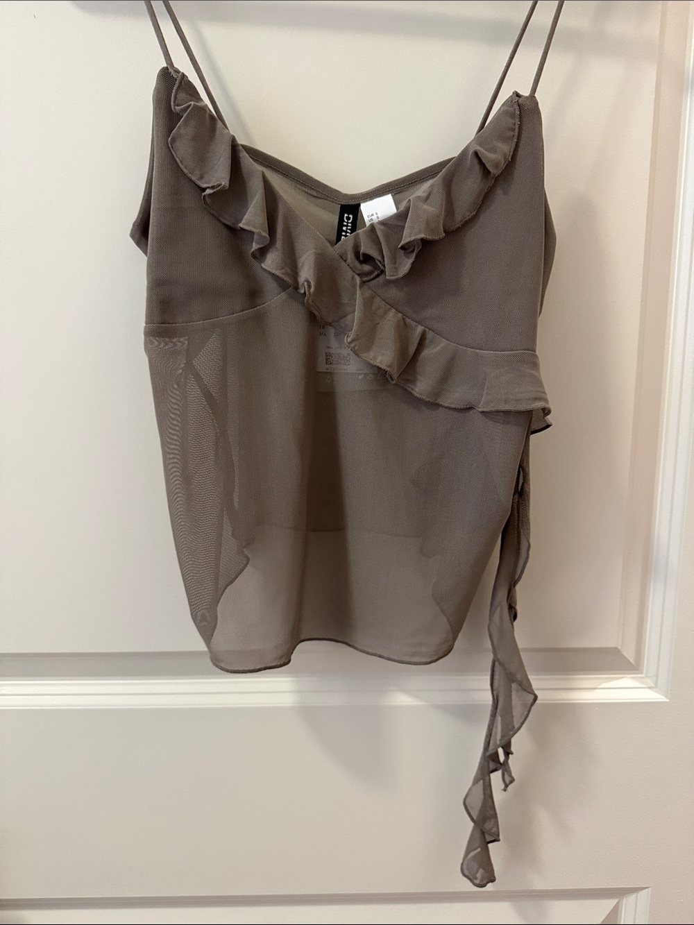 H&M Ruffled Spaghetti-Strap Chiffon Cami - Taupe Gray